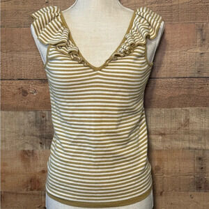 🌻 Madewell Belhaven Ruffle Sweater Tank sz Small Cream Camel Stripe Merino Wool